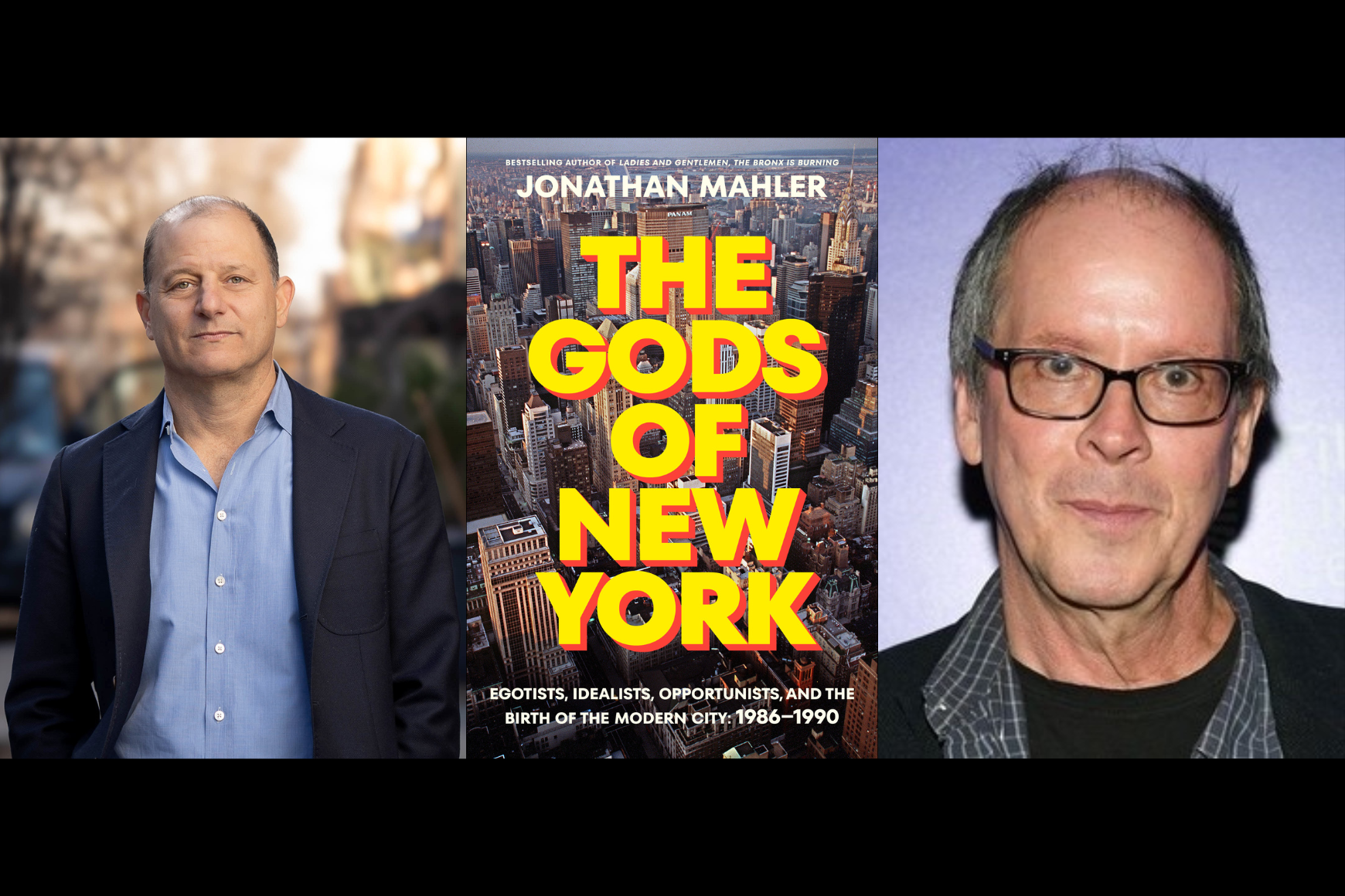 Two men with the book cover of The Gods of New York in large bold font
